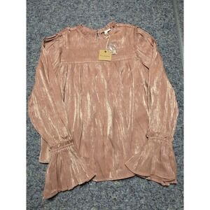 990 Blu Pepper Metallic Rose Gold Bell Sleeve Ruffle Neck Blouse B2FT1046  M